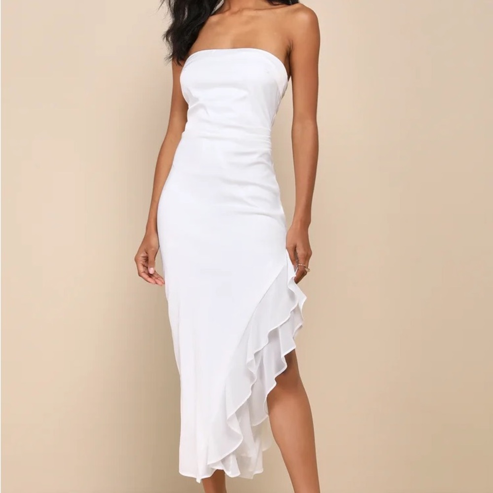 Lulus Graceful Perfection White Satin Strapless Ruffle Midi Dress Small